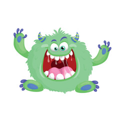 Fototapeta premium Cartoon cute green fluffy Monster. Design for print, party decoration, t-shirt, logo, emblem or stickers. Vector illustration.
