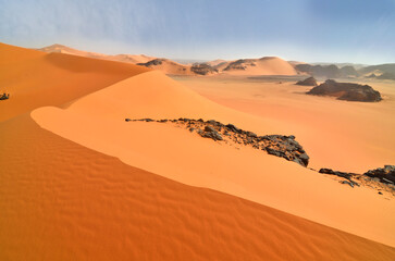 Panorama of the Algerian Sahara with dunes and 