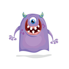 Cartoon cute purple one-eyed ugly Monster.  Best for Halloween and birthday prints, party decorations, t-shirts, logos, emblems or stickers. Vector illustration.