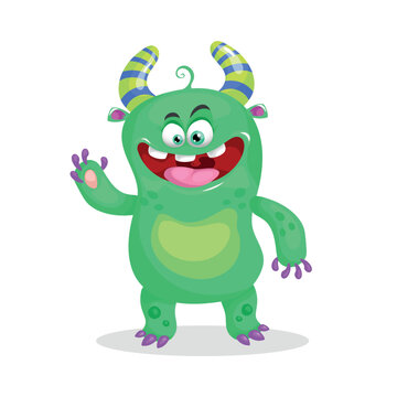 Cartoon cute green waving horned Monster.  Best for Halloween and birthday prints, party decorations, t-shirts, logos, emblems or stickers. Vector illustration.