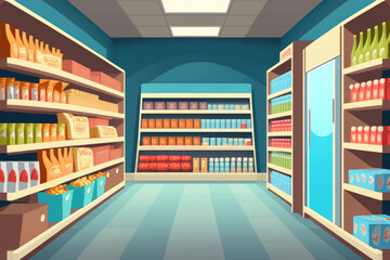 Aisle in grocery store and shelves with display shelf full of products to buy, cartoon style, AI generated