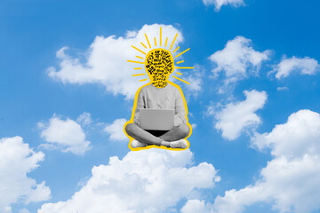 Artwork 3d graphics collage of funny clever person girl using netbook doing homework calculating formula isolated on sky background