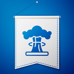 Blue Nuclear explosion icon isolated on blue background. Atomic bomb. Symbol of nuclear war, end of world. White pennant template. Vector