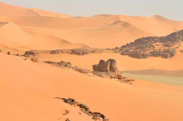 Panorama of the Algerian Sahara with dunes and 