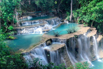 Beautiful nature Huai Mae Khamin waterfall in summer season, cataract falls in green rainforest,...