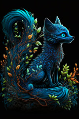 A blue fox dragon mix, cartoon, cute, dark fantasy. Generative AI