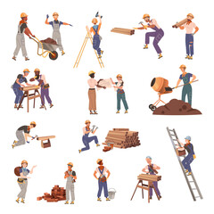 Man and Woman Builder Character Engaged in Construction Work Big Vector Set