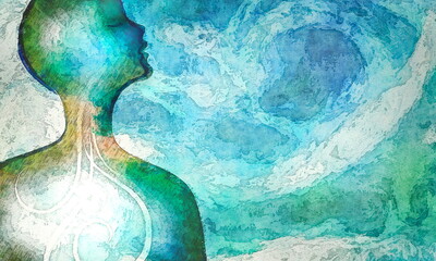 mindfulness relaxation meditation concept with woman outline  breathing in relaxing breath of nature fresh air abstract background