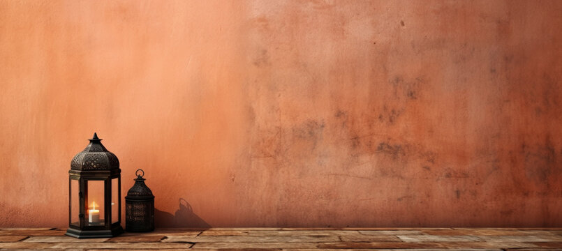 Old terracotta wall with lantern on wood table and empty space on design side