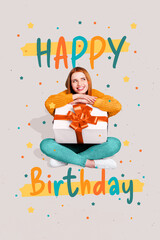 Vertical collage picture of minded cheerful girl hold giftbox think dream happy birthday painted...