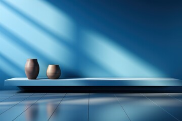 Blue shelf with two vases on the floor, 3d rendering