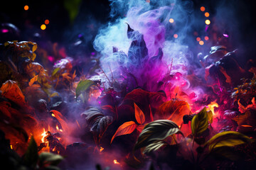 Fantasy fairy tale wallpaper with flame, smoke, purple forest, blooming flowers and plants, fabulous garden and night background, AI Generated