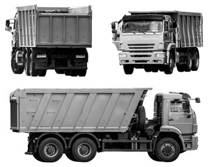 Fototapeta Set of monochrome gray dump trucks. Special transport isolated on transparent background. png obraz