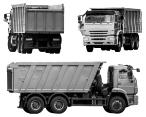 Set of monochrome gray dump trucks. Special transport isolated on transparent background. png