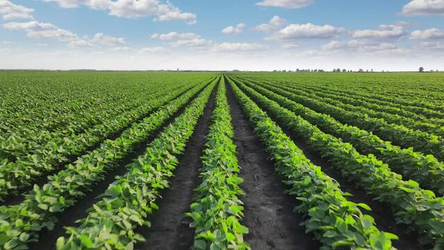 Flying above agricultural soybean field. Landscape rural scene beautiful sunny day