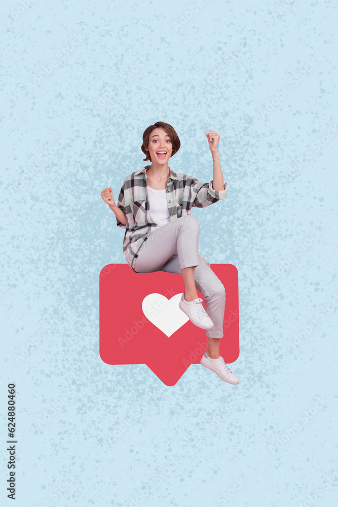 Sticker Photo collage successful young blogger girl fists up sitting red heart icon like new video repost isolated on blue color background