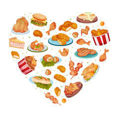 Tasty Chicken Food Heart Composition Design with Served Dish Vector Template