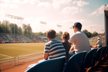 Fototapeta premium father with children at the stadium watching a sports match on a summer day