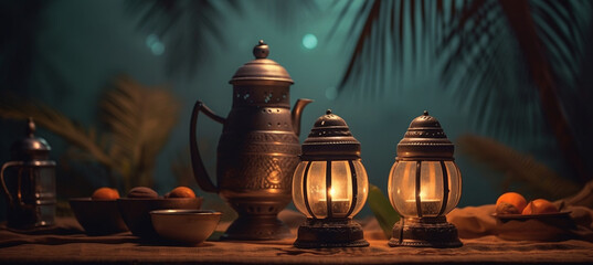 Ramadan background for Ramadan lantern, Arabic coffee pot and cups with palm leaves in a room made of old mud and foggy lighting
