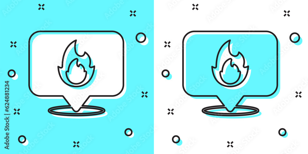 Poster black line map pointer with fire flame icon isolated on green and white background. fire nearby. ran