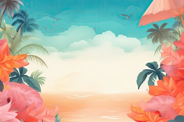 Fototapeta na wymiar Summer sale promotional poster mockup with beach and tropical plants.