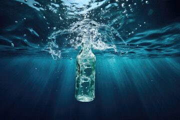 Bottle in dark water with air bubbles and sun rays.