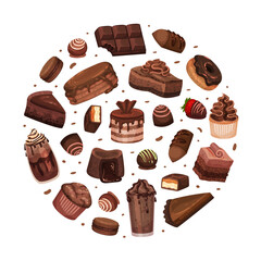 Chocolate Dessert Round Composition Design with Sweet Pastry Vector Template