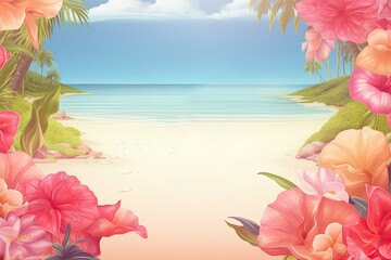 Fototapeta na wymiar Summer advertising poster mockup with flowers and exotic plants on the beach by the ocean.