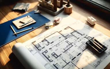 Top view of house plan blueprint paper with repair tools on table desk at architecture office