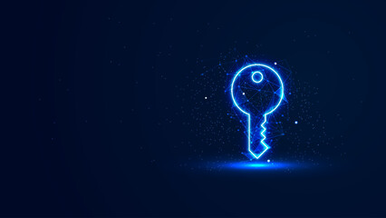 A futuristic glowing key symbol with plexus lines and glitter particles. A key in the neon light style. The concept of success. Digital technology background