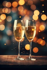 Two glasses of champagne on bokeh background. New Year celebration