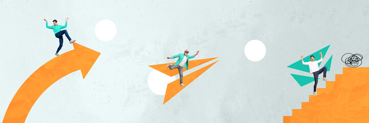 Collage 3d pinup pop retro sketch image of coworkers achieving success different ways isolated...