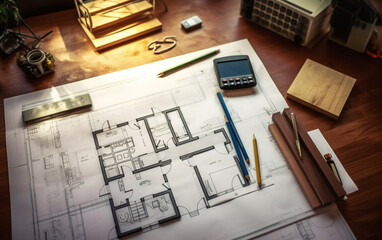 Fototapeta premium Top view of house plan blueprint paper with repair tools on table desk at architecture office