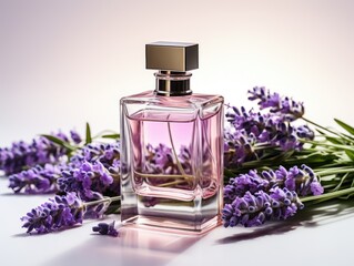 Obraz na płótnie Canvas Purple perfume bottle surrounded by lavender on a white background, generative ai