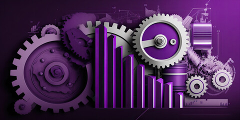 mechanical tools with stock market charts and graphs against a purple and white background