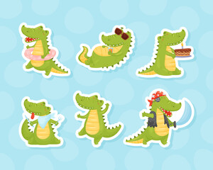 Cute Crocodile Character Engaged in Different Activity Vector Sticker Set.