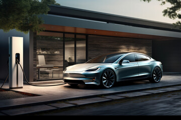 Fototapeta na wymiar 3D rendering of a brand-less generic concept car in charging station