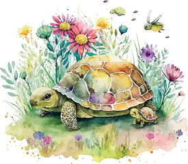 turtle on the grass watercolor clipart