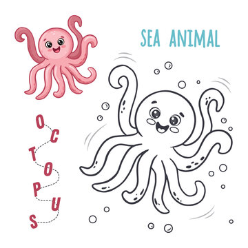 Color the cute cartoon octopus. Game for children. Coloring according to the sample. Cartoon style Funny sea animals. Vector illustration 