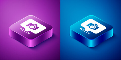 Isometric Photo camera icon isolated on blue and purple background. Foto camera. Digital photography. Square button. Vector
