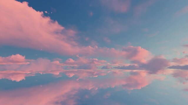 Blue sky with pink clouds at sunset reflected on mirror surface 3d animation