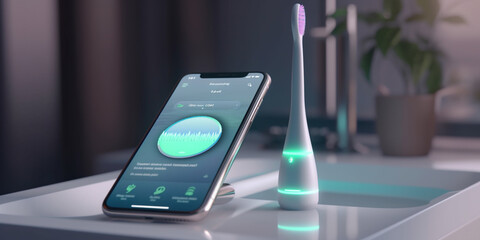 Wireless connection ultrasonic electric toothbrush with smart phone app. Modern home technology concept