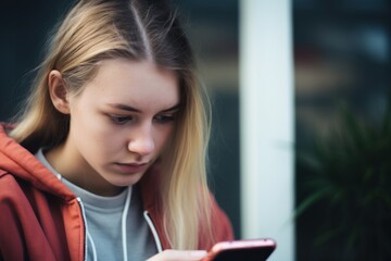 Concerned upset young European girl Caucasian woman college student female lady serious worried anxious looking mobile phone concentration chatting texting smartphone scrolling cellphone social media