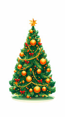 Green christmas tree decorated with red and golden balls, garlands an laces. A star is in top. Generative AI.