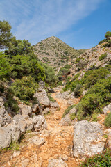 View of the hiking trail from Stavros to Katholiko Bay and Gouverneto Monastery, Stavros, Akrotiri district of the city of Chania, Crete, Greece