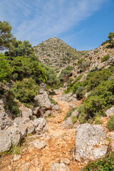 Fototapeta na wymiar View of the hiking trail from Stavros to Katholiko Bay and Gouverneto Monastery, Stavros, Akrotiri district of the city of Chania, Crete, Greece