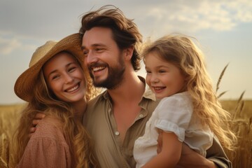 Happy Caucasian family people mother father child kid daughter girl traveling wheat field countryside country summer holidays entertainment nature outdoors holiday sunset rural landscape recreation