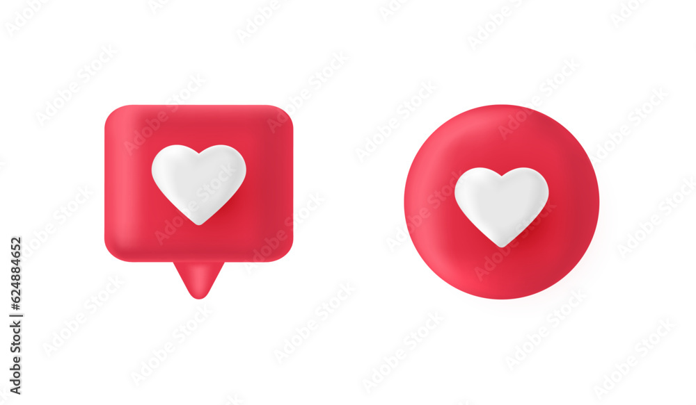 Poster 3d render red like icon set. pink comment button. social media bubble with heart. love element. noti