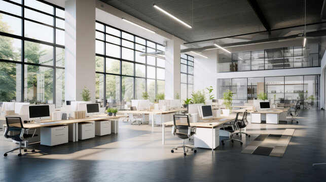 Modern gray open space office with wooden tables, side view