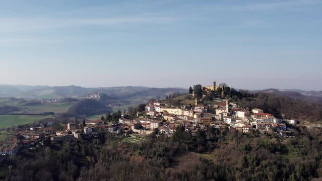 Aerial view of a small town in the province of Asti, in the Langhe and Monferrato wine region of Italy